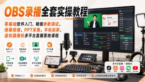 OBS录播全套实操教程|零基础软件入门、精细参数调试、绿幕抠像、手机投屏、虚拟摄像机多平台直播落地课程-开心分享网