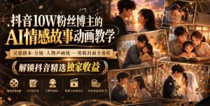抖音10W粉丝博主的AI情感故事动画教学,灵感剧本‑分镜‑人物声画统一‑剪辑封面全流程,解锁抖音精选独家收益-开心分享网