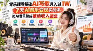 零乐理零基础AI写歌月入过1W,7天AI音乐变现实战课,把AI音乐做成被动收入副业-开心分享网