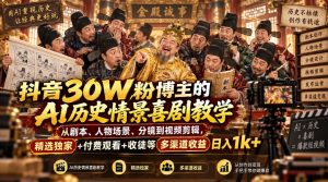 抖音30W粉博主的AI历史情景喜剧教学，从剧本、人物场景、分镜到视频剪辑，精选独家+付费观看+收徒等多渠道收益日入1k+-开心分享网