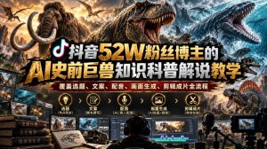 抖音52W粉丝博主的AI史前巨兽知识科普解说教学,覆盖选题、文案、配音、画面生成、剪辑成片全流程-开心分享网