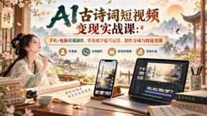 AI古诗词短视频变现实战课：手机+电脑双端制作，零基础学起号运营、创作分成与收徒变现-开心分享网