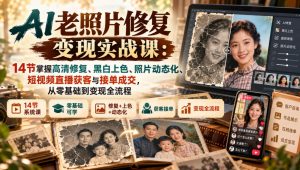 AI老照片修复变现实战课：14节掌握高清修复、黑白上色、照片动态化、短视频直播获客与接单成交，从零基础到变现全流程-开心分享网